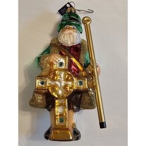 Christmas Ornament Blown Glass Hand Painted Irish Santa With Celtic Cross...